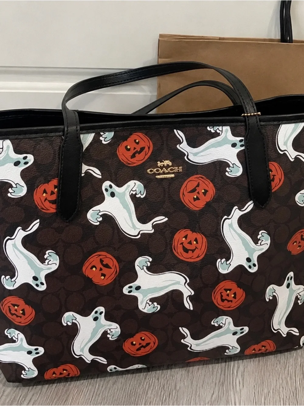 Coach Brown Leather-Trim Halloween Ghost & Pumpkin Tote